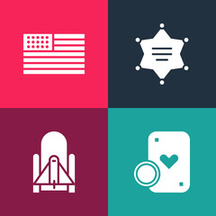 Poster - Set pop art Casino chip and playing cards, Rocket launch from the spaceport, Hexagram sheriff and American flag icon. Vector