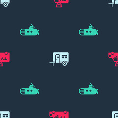 Wall Mural - Set TV News car, Rv Camping trailer and Submarine on seamless pattern. Vector