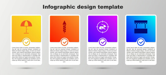 Poster - Set Sun protective umbrella, Firework rocket, Hunt on rabbit with crosshairs and Ticket box office. Business infographic template. Vector