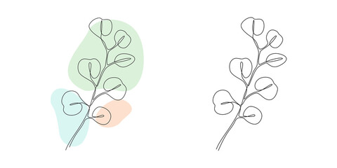 Aufkleber - Vector Eucalyptus branch in line art style. Continuous one line drawing with abstract pastel shape. Minimalistic and natural wall art. Vector illustration