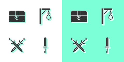 Poster - Set Medieval sword, Antique treasure chest, Crossed medieval and Gallows icon. Vector