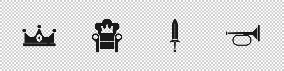 Poster - Set King crown, Medieval throne, sword and Trumpet icon. Vector