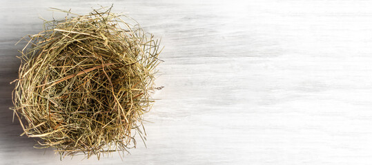 Empty bird nest straw basket closeup raw white brown organic fresh eggs shell with yolk from happy chicken hen free range farm on nature hatch healthy protein food symbol of spring easter festival