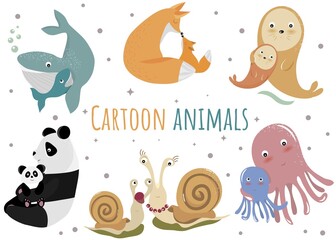  Set of funny domestic and wild animals, marine mammals, fish. Whales, pandas, octopuses, snails and foxes. Collection of cute characters on a white background. Vector illustration in a flat style.