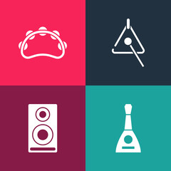 Poster - Set pop art Balalaika, Stereo speaker, Triangle and Tambourine icon. Vector