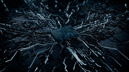 Advanced Technology Concept with Microchip. White Neon Data flows from the CPU across a Futuristic Motherboard. 3D render.