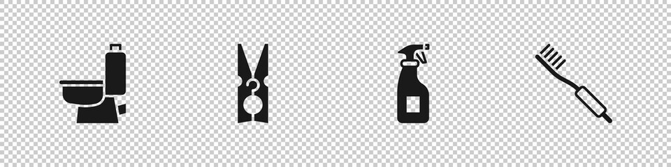 Sticker - Set Toilet bowl, Clothes pin, Cleaning spray bottle and Toothbrush icon. Vector