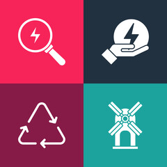 Poster - Set pop art Wind turbine, Recycle symbol, Lightning bolt and icon. Vector