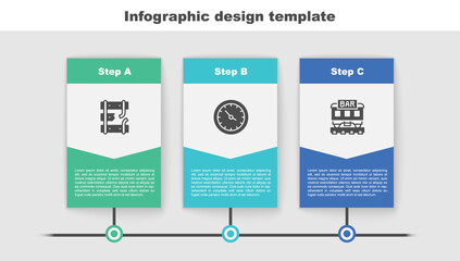 Poster - Set Broken rails on a railway, Train station clock and Restaurant train. Business infographic template. Vector