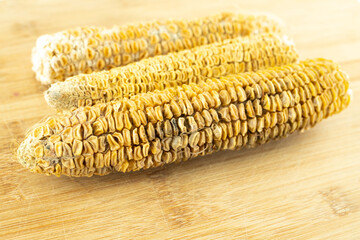 Wall Mural - three corn old and dried grains on a wooden background