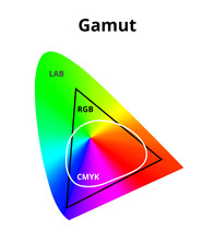 Vector Illustration Of Simplified Cmyk, Rgb And Lab Gamut Isolated On White. Difference Between Cmyk And Rgb Color Space In A Lab Or CIELAB Color Space. Color Theory, 2D Diagram With A Color Gradient.