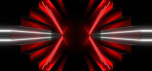 Wall Mural - Sci Fy neon lamps in a dark tunnel. Reflections on the floor and walls. 3d rendering image.