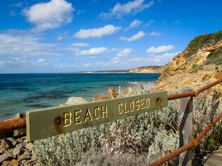 Point Nepean, AU - 2 March 2015: Nature view at Point Nepean National Park with danger sign in sight warning visitors to walk on designated paths as landmines from WWII relics might still be active.