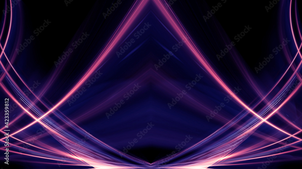 Dark abstract background with neon lines, geometric shapes and rays. Multi-color neon light. Night view, movement of light, symmetrical reflection of neon. 3D illustration  - obrazy, fototapety, plakaty 