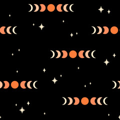 Wall Mural - seamless pattern with moon phases on black background. boho wall art. trendy texture for print, text