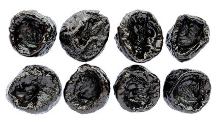 Wall Mural - Prunes isolated on white background, top view. Set of dry prunes isolated on white background. Dry prunes set on white background, top view. Dry plum isolated on white background, top view.