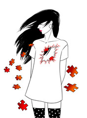 A quiet sad young girl whose eyes are closed and heart/chest is breaking into puzzle fragments. Vector hand drawn illustration isolated on white background. 