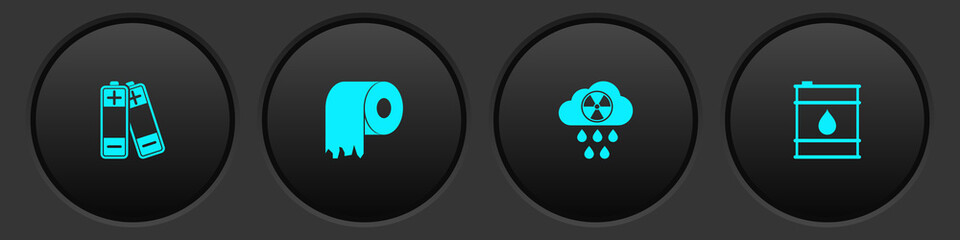 set battery, toilet paper roll, acid rain and radioactive cloud and oil barrel icon. vector