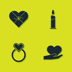 Sticker - Set Candy in heart shaped box, Heart hand, Wedding rings and Burning candle icon. Vector