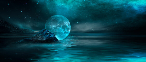 Futuristic fantasy night landscape with abstract landscape and island, moonlight, shine, moon. Dark natural scene with reflection of light in the water, neon blue light. Dark neon circle background. 