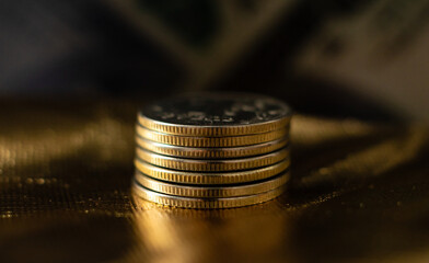 Canvas Print - close up  golden coins , economics, saving money.