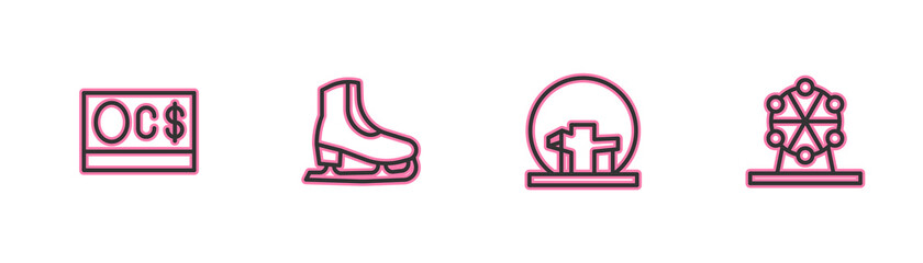 Poster - Set line Canadian dollar, Montreal Biosphere, Skates and Ferris wheel icon. Vector