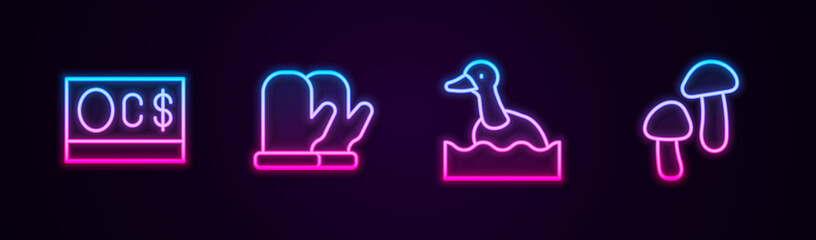 Wall Mural - Set line Canadian dollar, Christmas mitten, Flying duck and Mushroom. Glowing neon icon. Vector