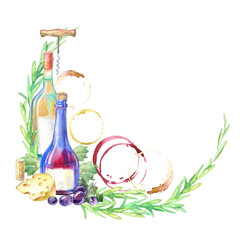 Red and white wine bottle,rosemary,grapes and cheese.Set of a alcoholic drink.Watercolor hand drawn illustration.