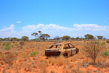 Australian Outback Wilderness And Remoteness And Broken Car By The Road