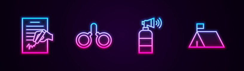 Wall Mural - Set line Petition, Handcuffs, Air horn and Protest camp. Glowing neon icon. Vector