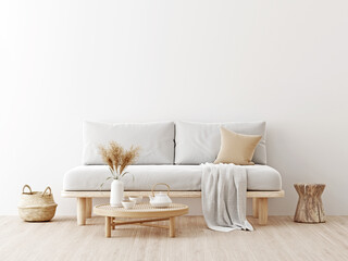 Living room interior wall mockup in warm neutrals with low sofa, dried Pampas grass, caned table, trendy basket and japandi style decor on empty white wall background. 3D rendering, illustration.