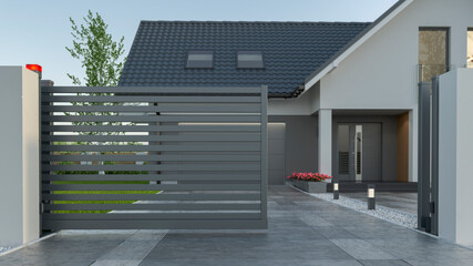 automatic sliding gate and house, 3d illustration