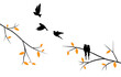 Flying birds silhouettes and trees illustration, vector. Scandinavian minimalist poster design. Modern wall art design, artwork. Beautiful painting design. Home decoration. Wall decals, art