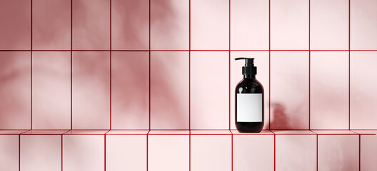 Poster - Summer mockup background for product presentation. Cosmetic bottle, pink tile podium and red grout with plant shadow. Clipping path included. 3d rendering illustration. 