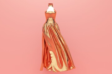 Wall Mural - Pink studio background with gold long glamorous evening dress. 3d rendering