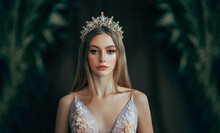 Portrait Of Fantasy Medieval Girl Princess In Dark Gothic Room. Woman Queen Looking At Camera, Beauty Face. Vintage Trendy Glamour Dress Golden Luxury Crown, Long Loose Blonde Hair. Fashion Model