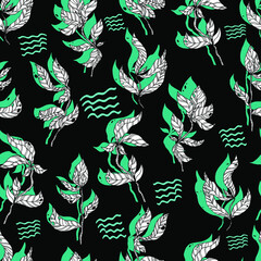  leaves on wooden twigs vector seamless pattern white and green with shadow 