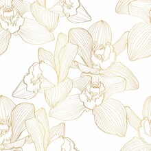 Luxury Gold Floral Line Art Wallpaper. Orchid Cymbidium Flower Golden Line Design For Textiles, Wall Art, Fabric, Wedding Invitation, Cover Design.