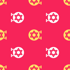 Wall Mural - Yellow Jewish synagogue building or jewish temple icon isolated seamless pattern on red background. Hebrew or judaism construction with David star. Vector