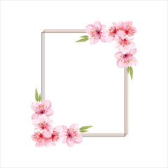 Sticker - Spring floral border. Cherry blossoms pink flowers frame, Flower branches vector frame illustration, tree blossom flowers border template. Pink cherry blossom branches, buds on twigs.