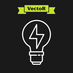 White line Light bulb with lightning symbol icon isolated on black background. Light lamp sign. Idea symbol. Vector