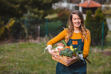 Friendly woman harvesting fresh vegetables from her farm. Beautiful female carrying carte full fresh harvest in the farm. Autumn harvest. Support your local organic farmer