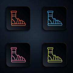 Sticker - Color neon line Slippers with socks icon isolated on black background. Beach slippers sign. Flip flops. Set icons in square buttons. Vector