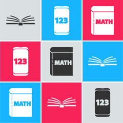 Sticker - Set Open book, Mobile calculator interface and Book with word mathematics icon. Vector