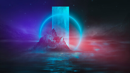 Futuristic fantasy night landscape with abstract landscape and island, neon figure, glow, neon. Dark natural scene with light reflection in water. Neon space galaxy portal. 3D illustration. 