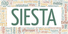 Siesta - Afternoon Nap Vector Illustration Word Cloud Isolated On A White Background.