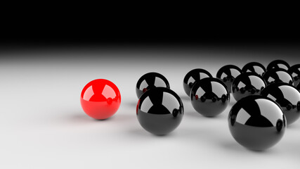 Leadership concept, red leader ball leading black balls. 3D Rendering