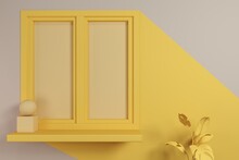 3d Rendering, Mockup Geometric Scene With Yellow Window Frame Background  For Product Presentation Or Showcase.