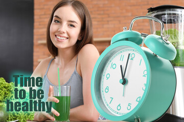 Wall Mural - Young woman with healthy vegetable juice and alarm clock. Time to be healthy