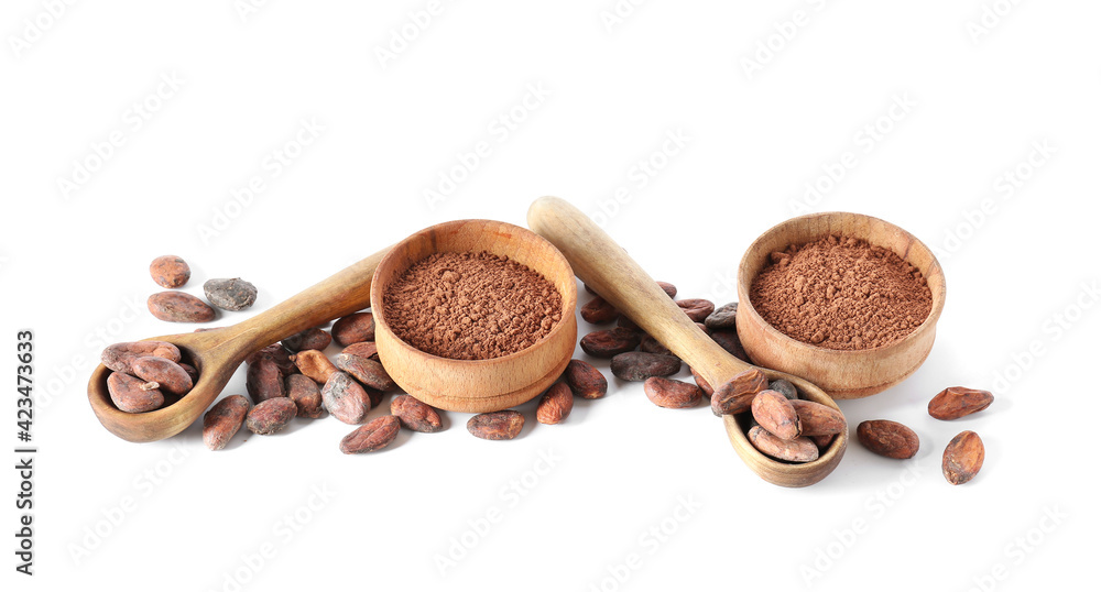 Cacao powder and beans on white background